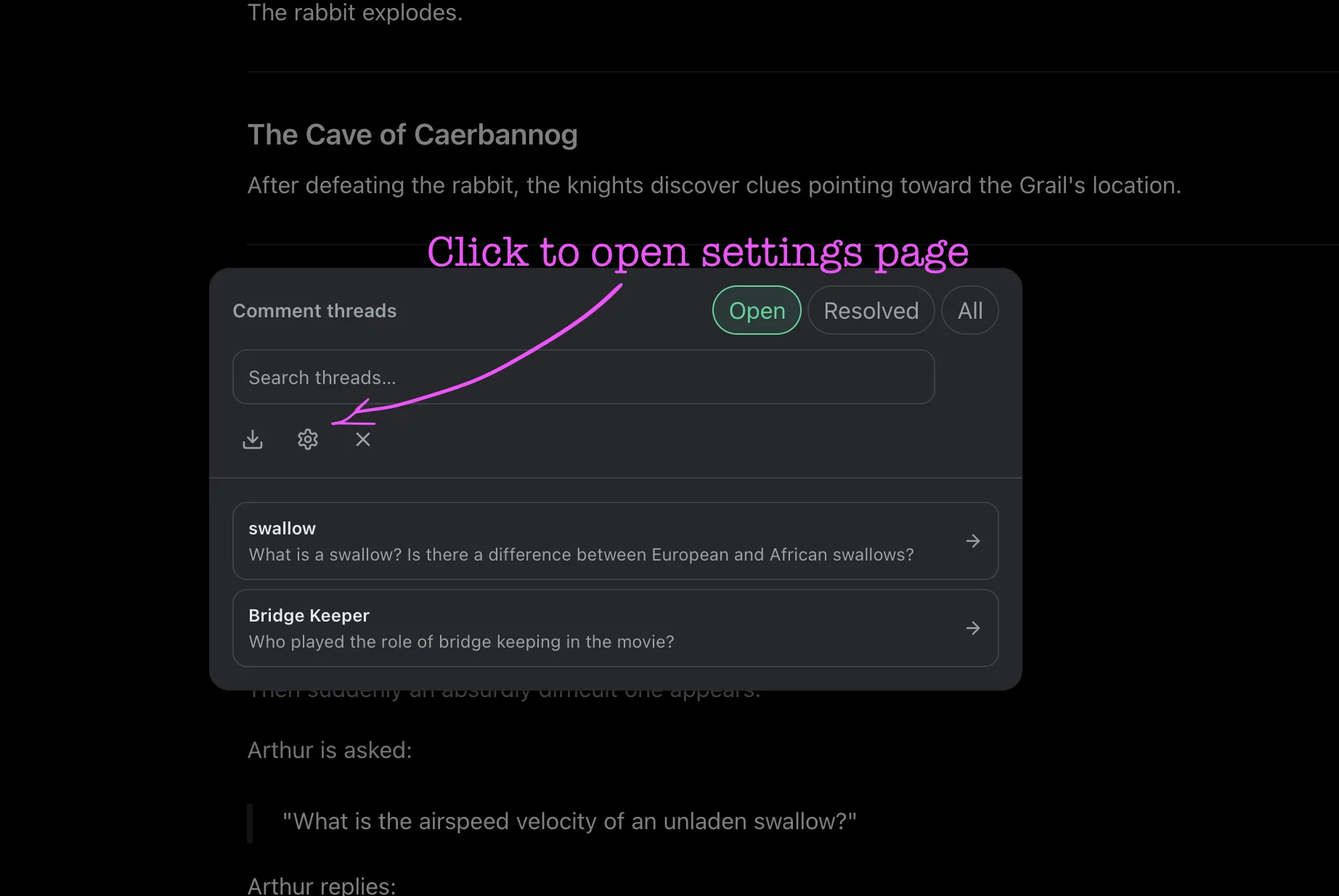 Opening settings from the menu