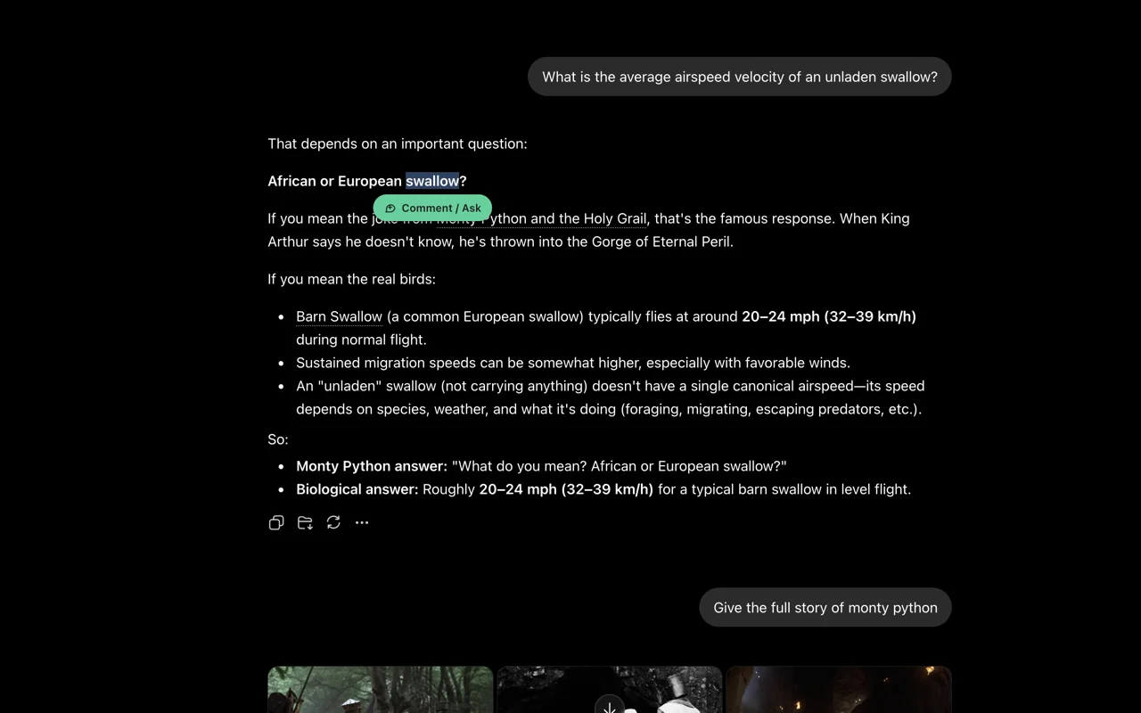 Highlighting text opens a comment box