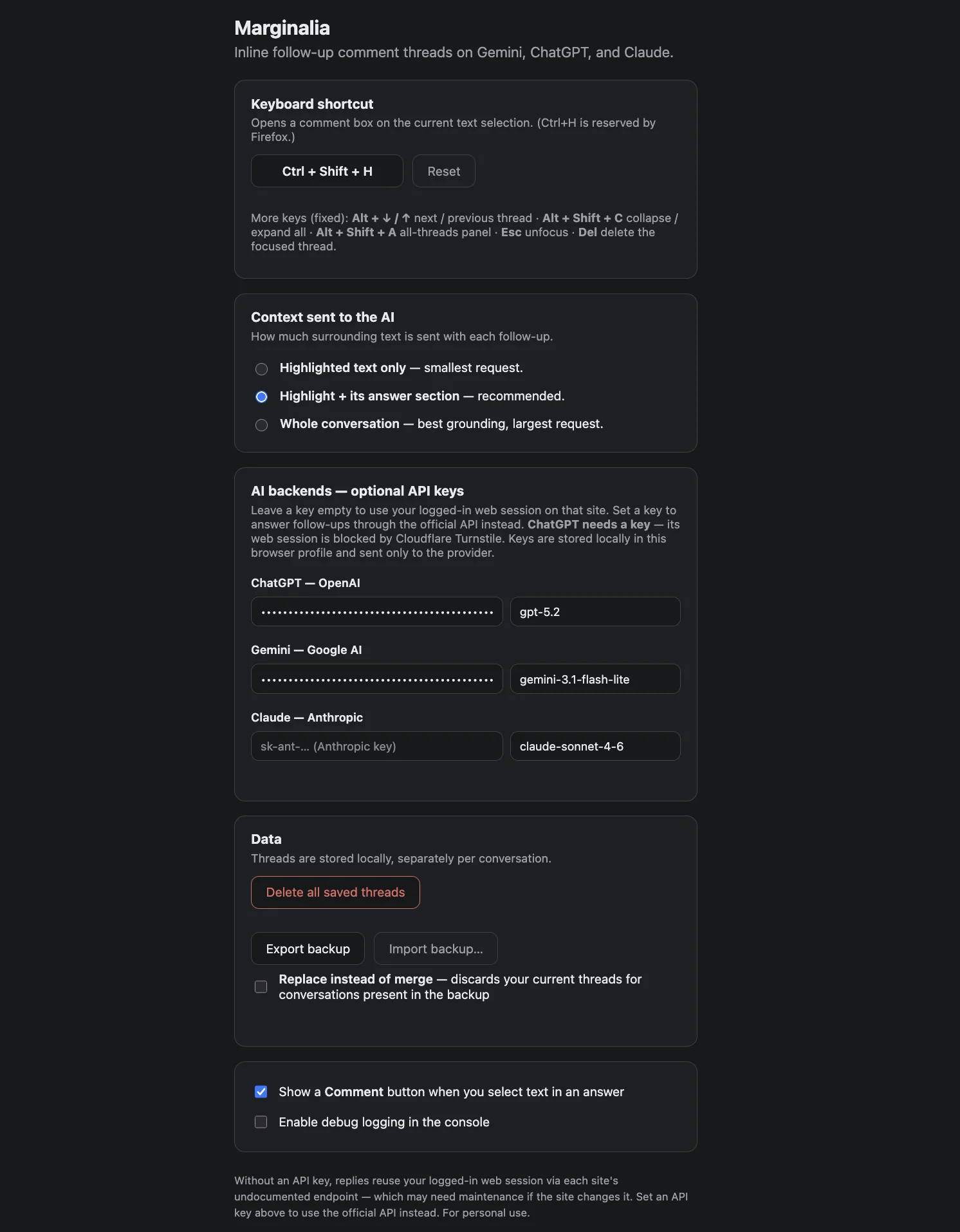 Marginalia settings page